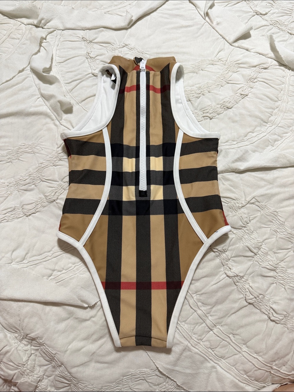 Burberry Beige, Black & Red Check High-Neck Kids One-Piece Swimsuit - Picture 2 of 6